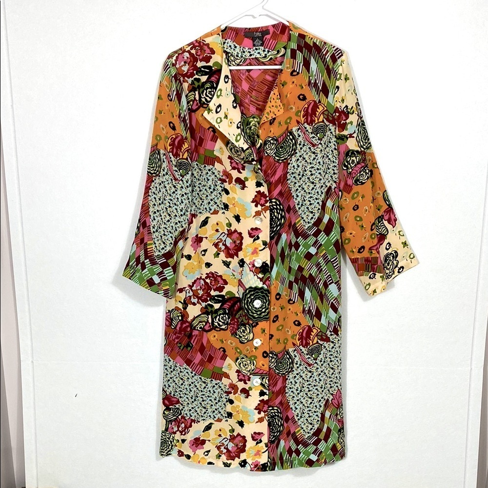100% Silk Kimono/Duster Jacket Patchwork button down size Large